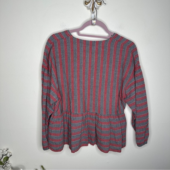 MADEWELL Striped Bubble-Sleeve Peplum Top Gray Red {G14} - Picture 5 of 7